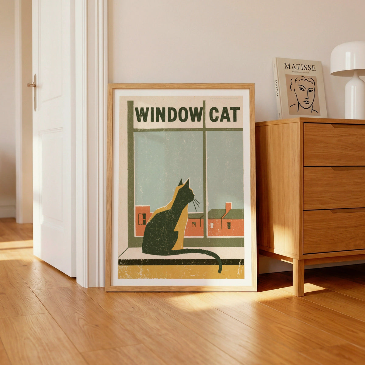 Window Cat Retro Print, Vintage Cat Wall Art, Folk Style Cat Lover Gift, Quirky