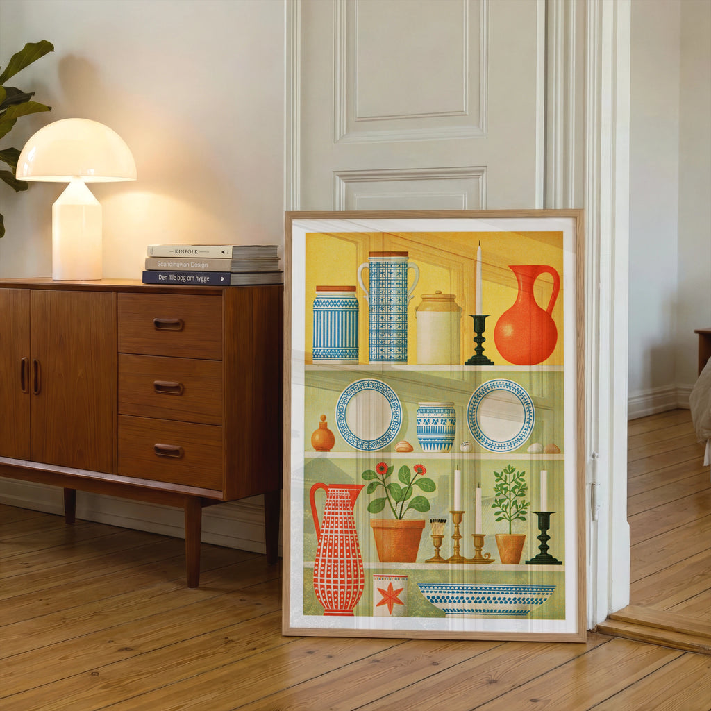 Vintage Dresser Shelf Still Life Print, Folk Pottery Wall Art, Classic Inspired Kitchen Poster