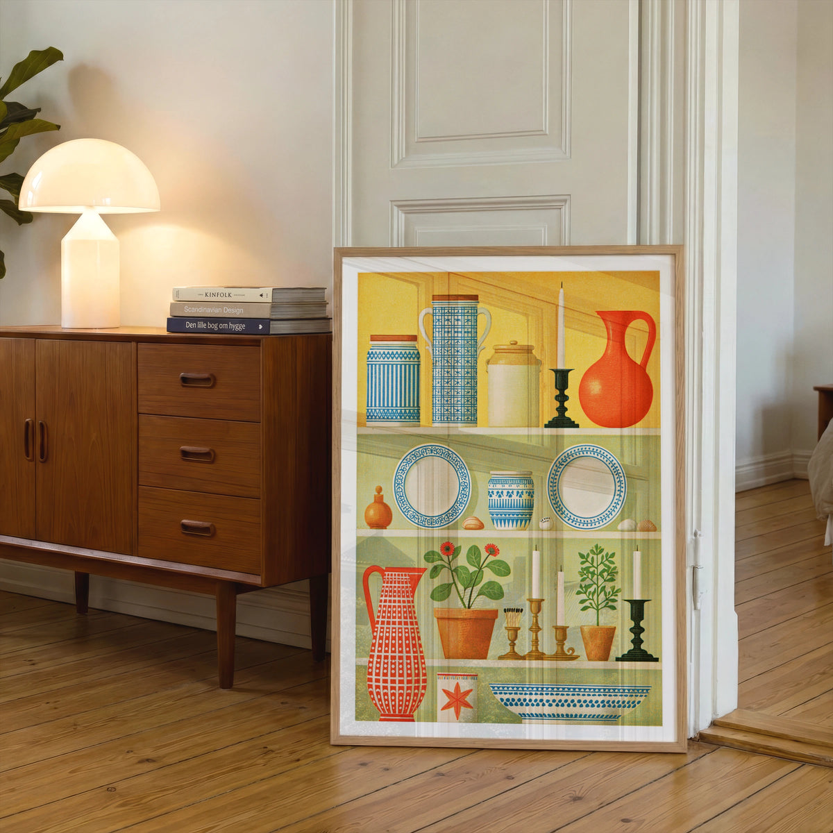 Vintage Dresser Shelf Still Life Print, Folk Pottery Wall Art, Classic Inspired Kitchen Poster