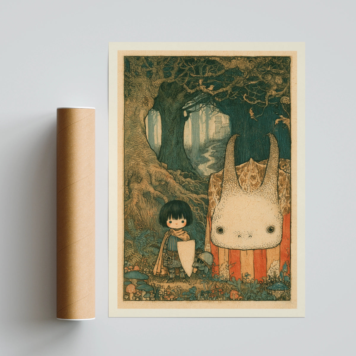 Retro Fantasy Forest Child Print, Woodland Monster Art, Kids Wall Poster Collectable