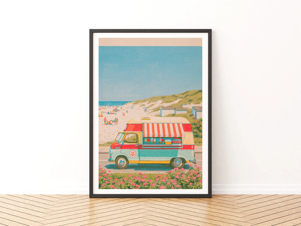 Retro Ice Cream Van Beach Poster, Vintage Travel Summer Print, Coastal Wall Art