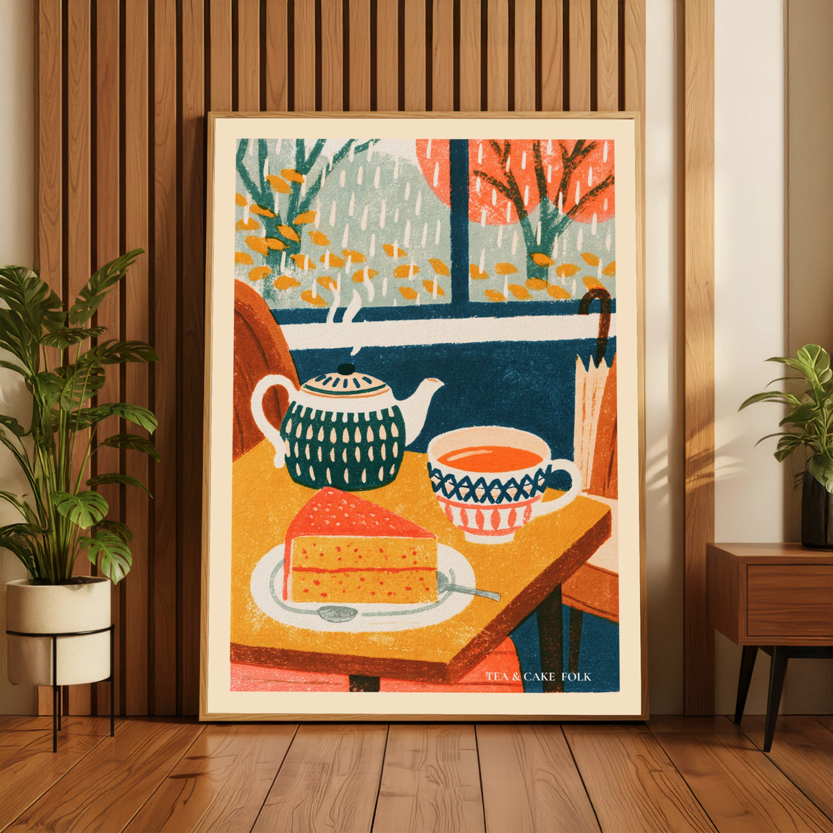Vintage Food Poster Print, Tea and Cake Cafe Art, Rustic Kitchen Decor, Retro Mid Century Risograph