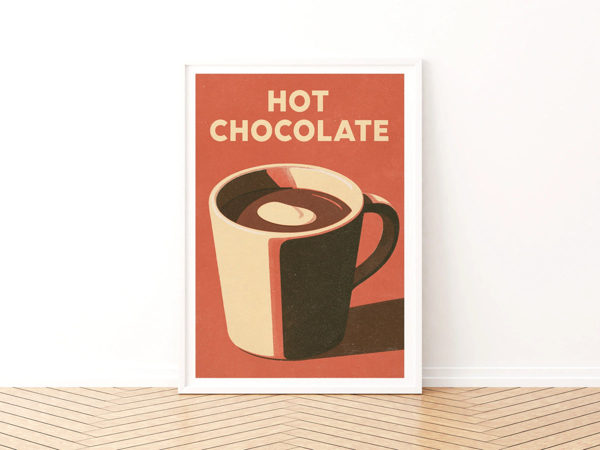 Hot Chocolate Vintage Food Poster Print | Rustic Kitchen Decor | Retro Mid Century Risograph Art