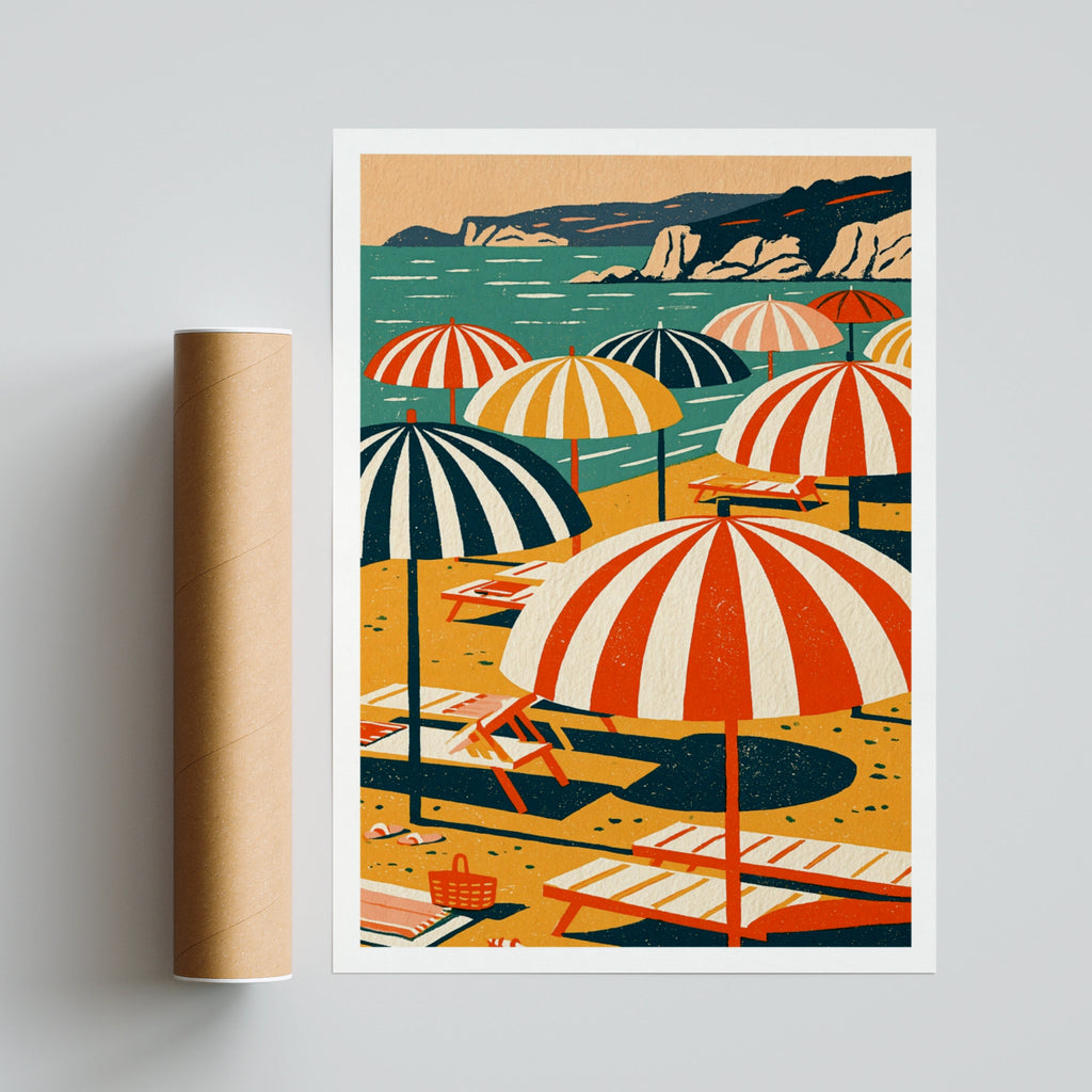 Retro Beach Umbrella Poster, Vintage Summer Print, Coastal Wall Art, Mediterranean Sun Lounger