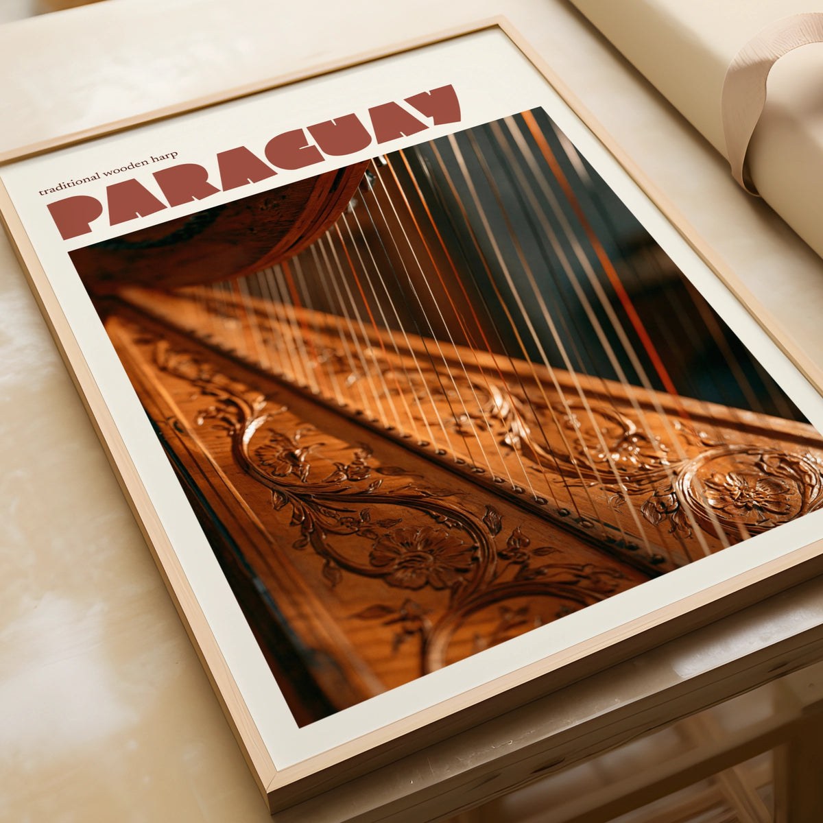 Paraguay Retro Travel Poster, Traditional Wooden Harp Print, South America Wall Art