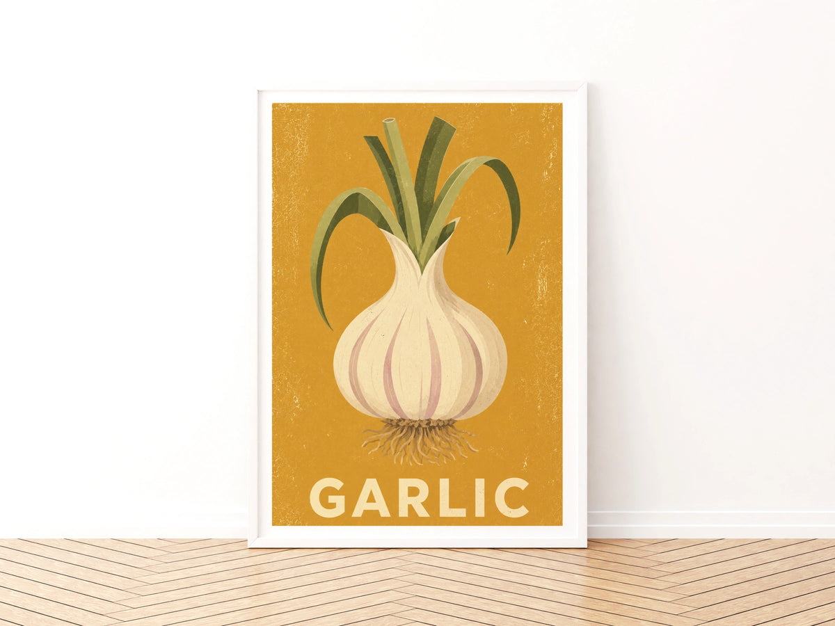Garlic Vintage Food Poster Print | Rustic Kitchen Decor | Retro Mid Century Risograph Art
