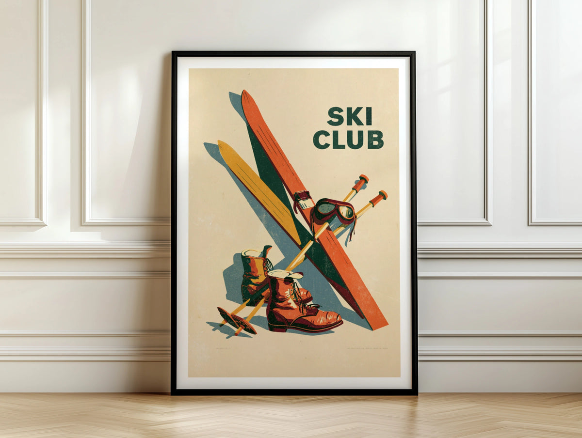 Retro Ski Club Poster, Vintage Skiing Wall Art, Alpine Sport Print, Ski Lodge Decor
