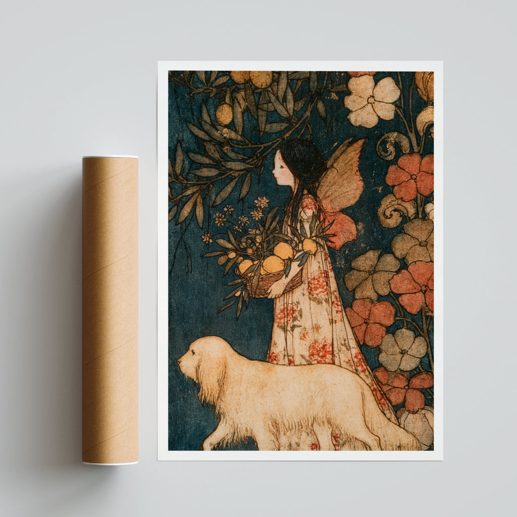 Fairy Girl Print, Classic Folk Art Print, Vintage Floral Garden Wall Art, 