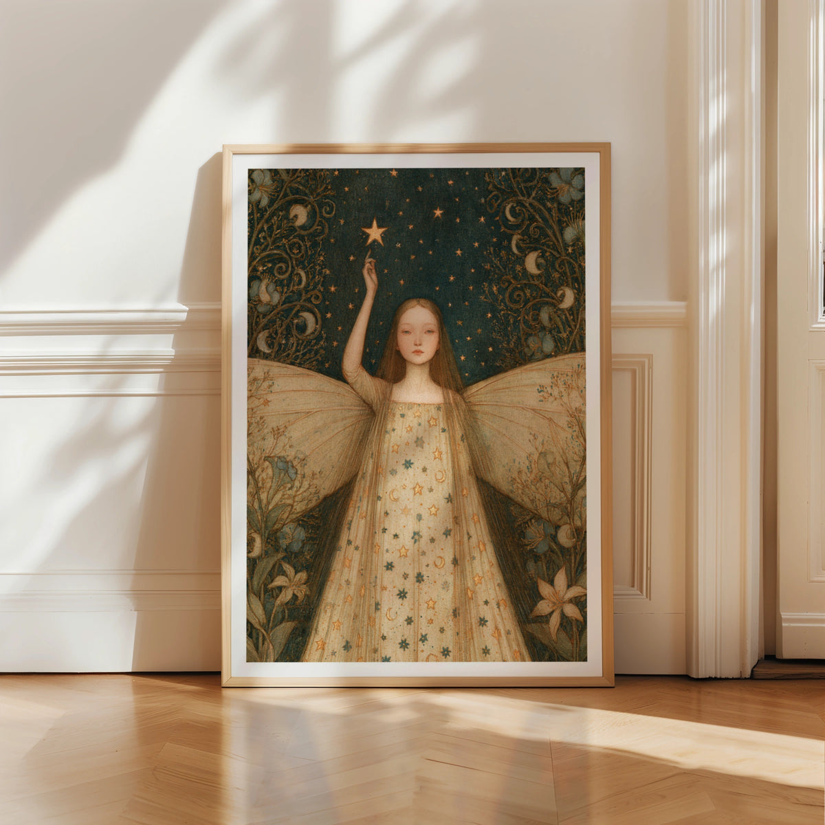 Star Fairy Star Print, Classic Celestial Fairy Poster, Teal Gold Moon Wall Art, Whimsical Folk