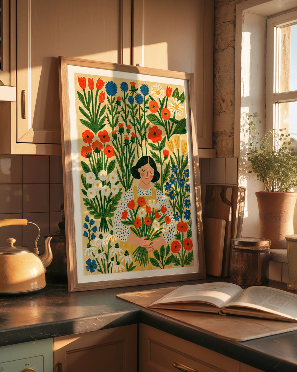 Flower Garden Woman Art Print, Scandi Style Floral Poster, Classic Inspired Botanical Wall Art