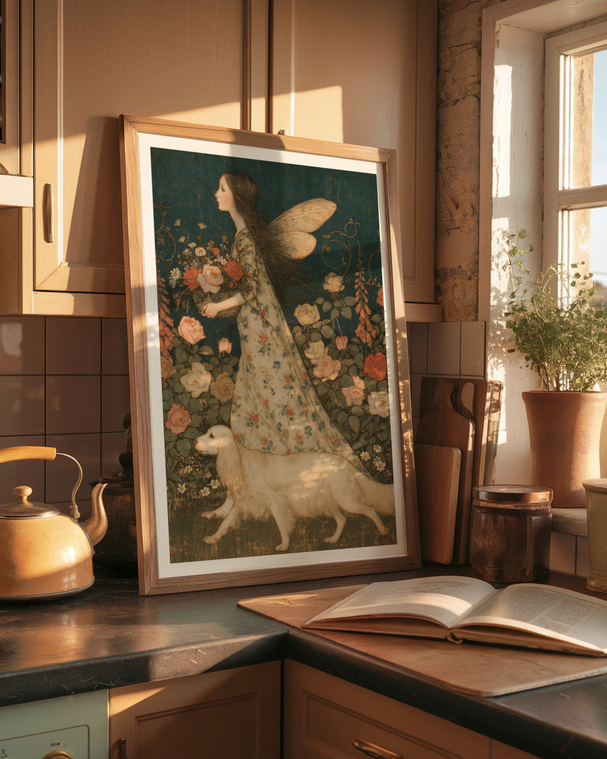 Fairy Garden Print, Classic Arthur Rackham Style Folk Art Poster, Rose Floral Wall Art, Vintage Fairy Dog Illustration