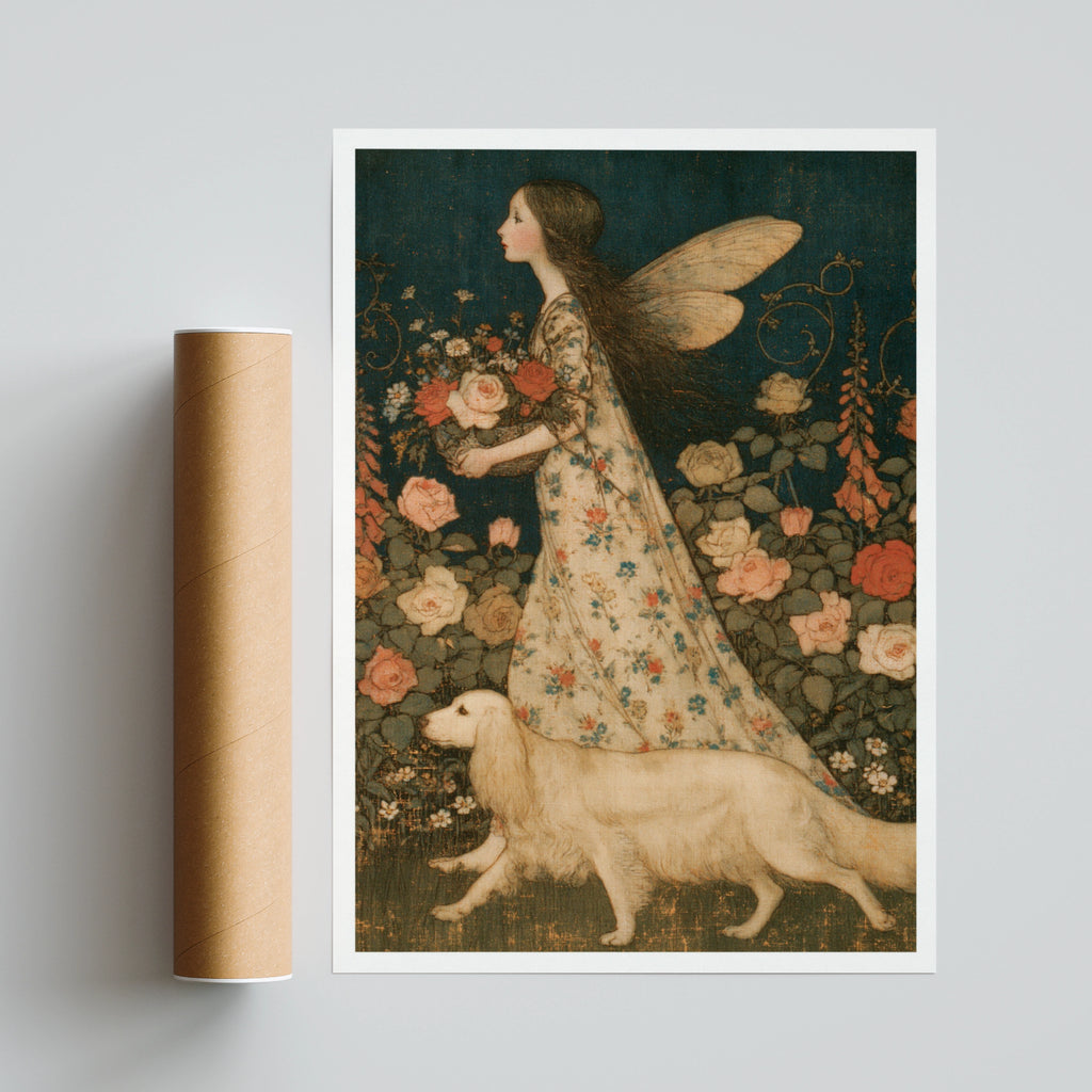 Fairy Garden Print, Classic Arthur Rackham Style Folk Art Poster, Rose Floral Wall Art, Vintage Fairy Dog Illustration