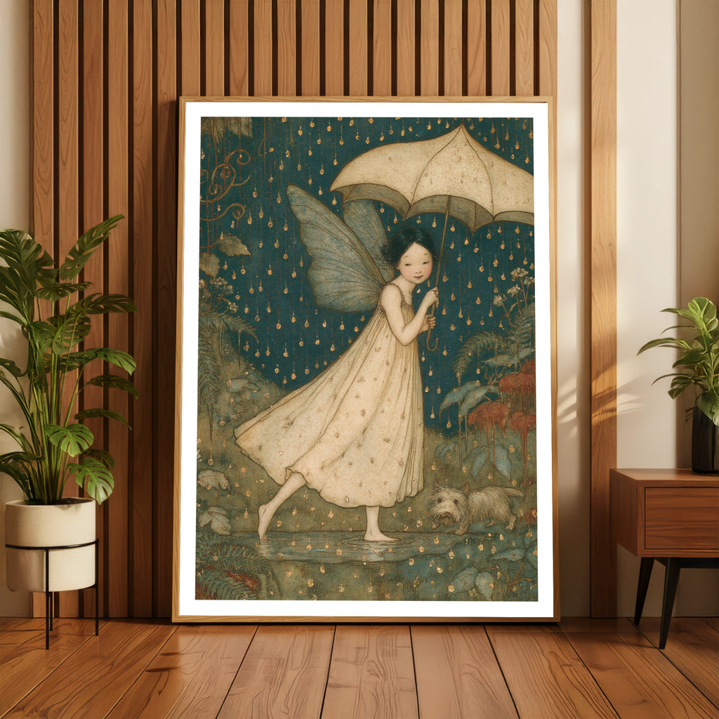 Splish Splash Rain Fairy Classic Art Print, Teal Gold Whimsical Fairy Poster, Folk Illustrated Wall Art
