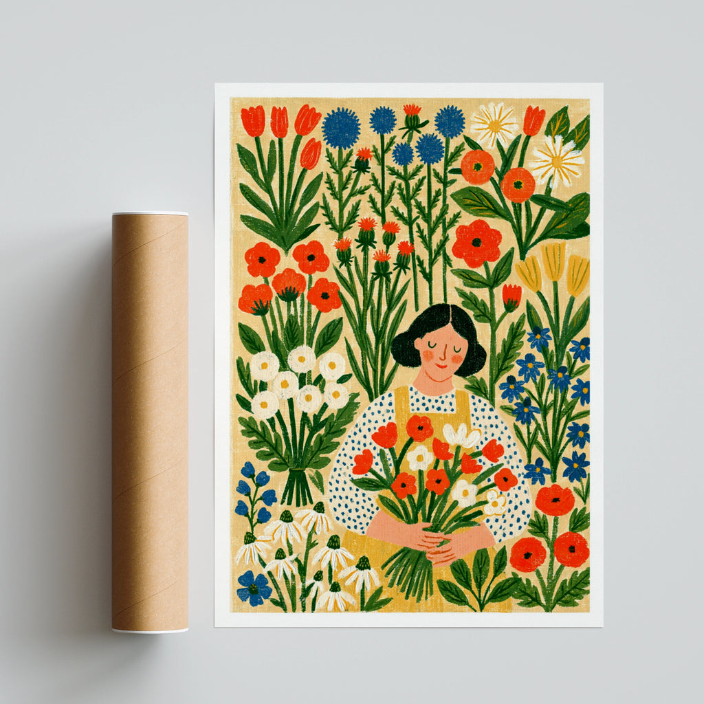 Flower Garden Woman Art Print, Scandi Style Floral Poster, Classic Inspired Botanical Wall Art