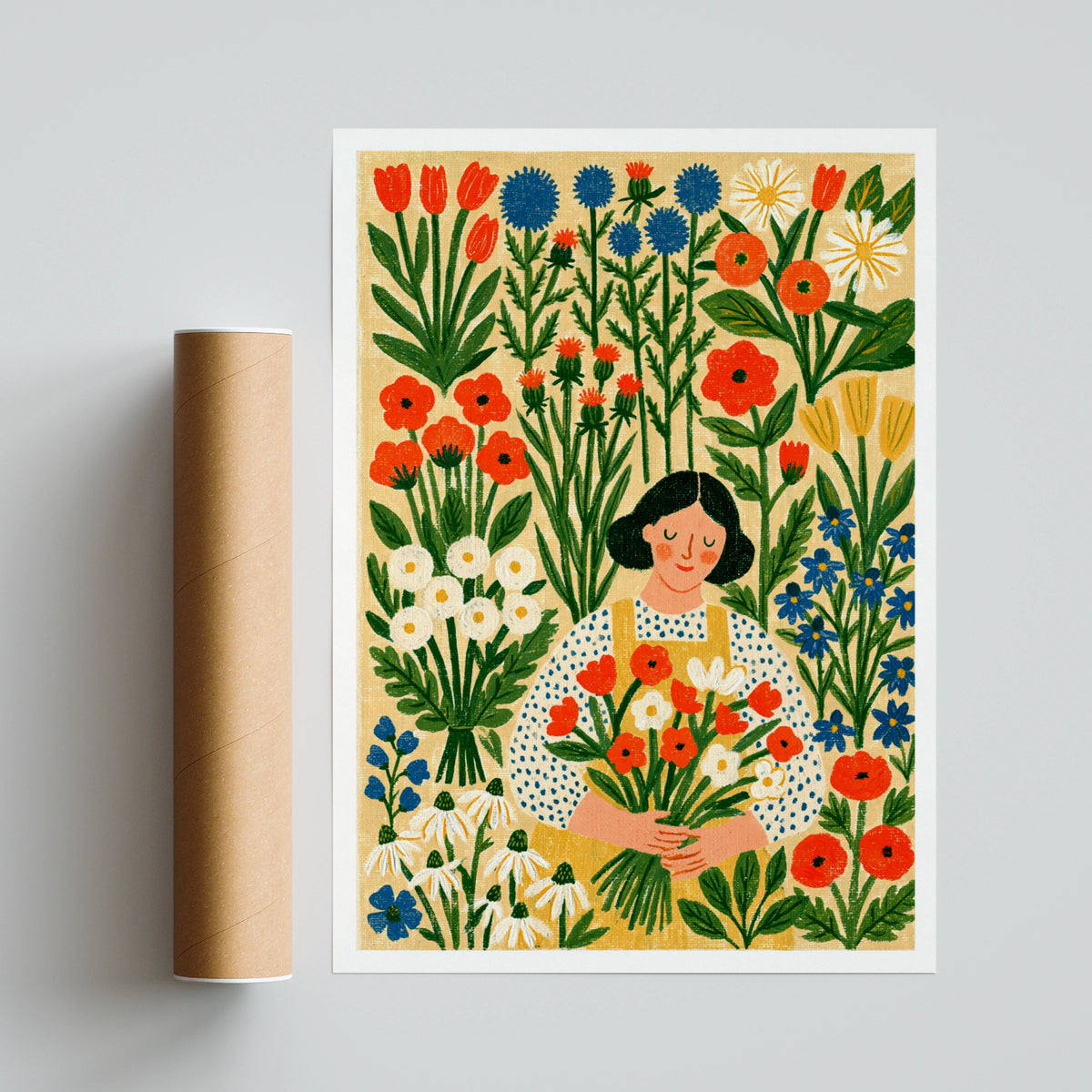 Flower Garden Woman Art Print, Scandi Style Floral Poster, Classic Inspired Botanical Wall Art