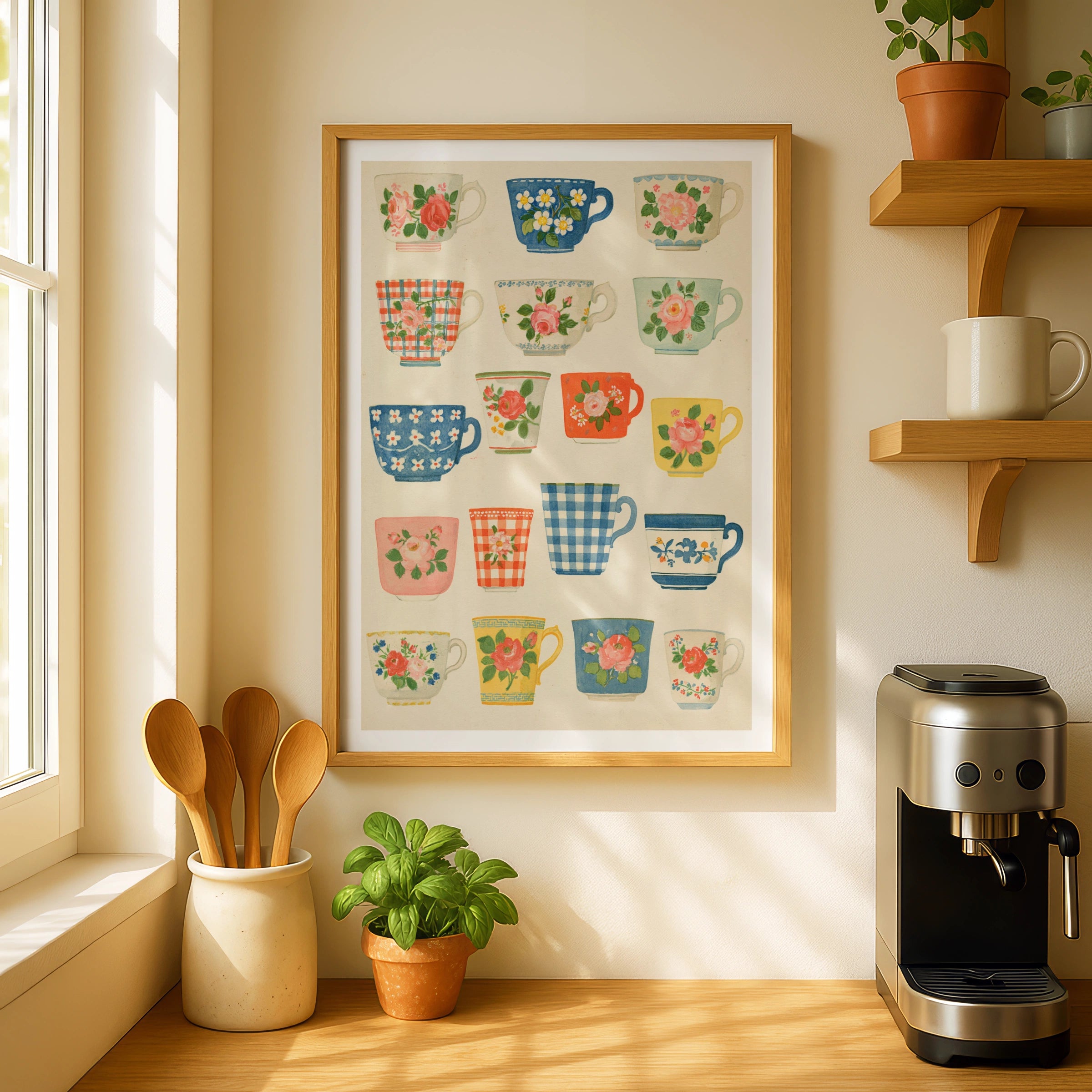 Vintage Tea Cup Poster Print | Rustic Kitchen Decor | Retro Mid Century Risograph Floral Mugs Art