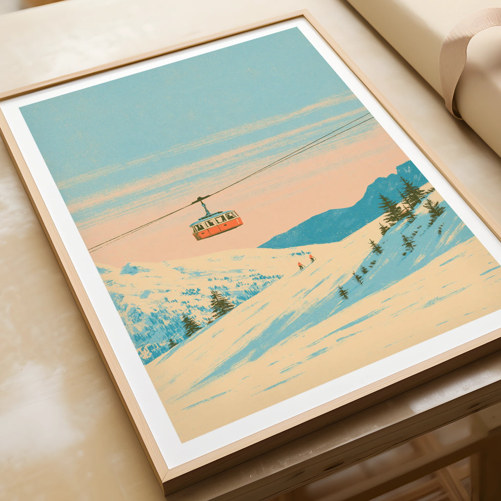 Retro Ski Cable Car Poster, Alpine Snow Mountain Print, Vintage Skiing Wall Art