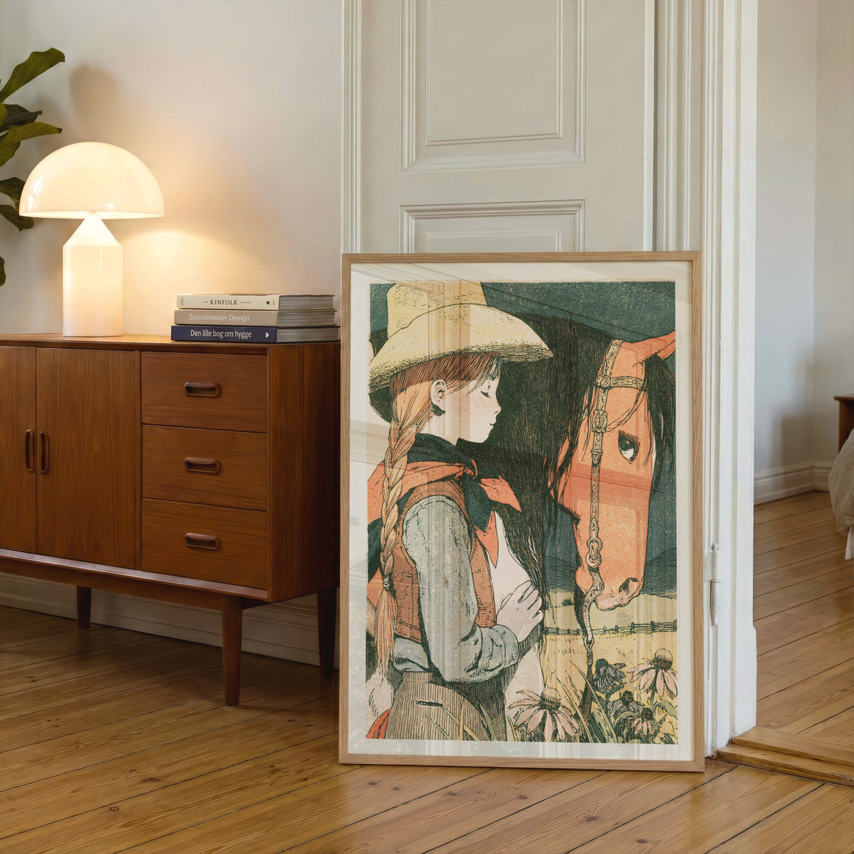 Cowgirl and Horse Vintage Print, Western Wall Art, Coneflower Meadow Poster, Ranch Nursery Decor