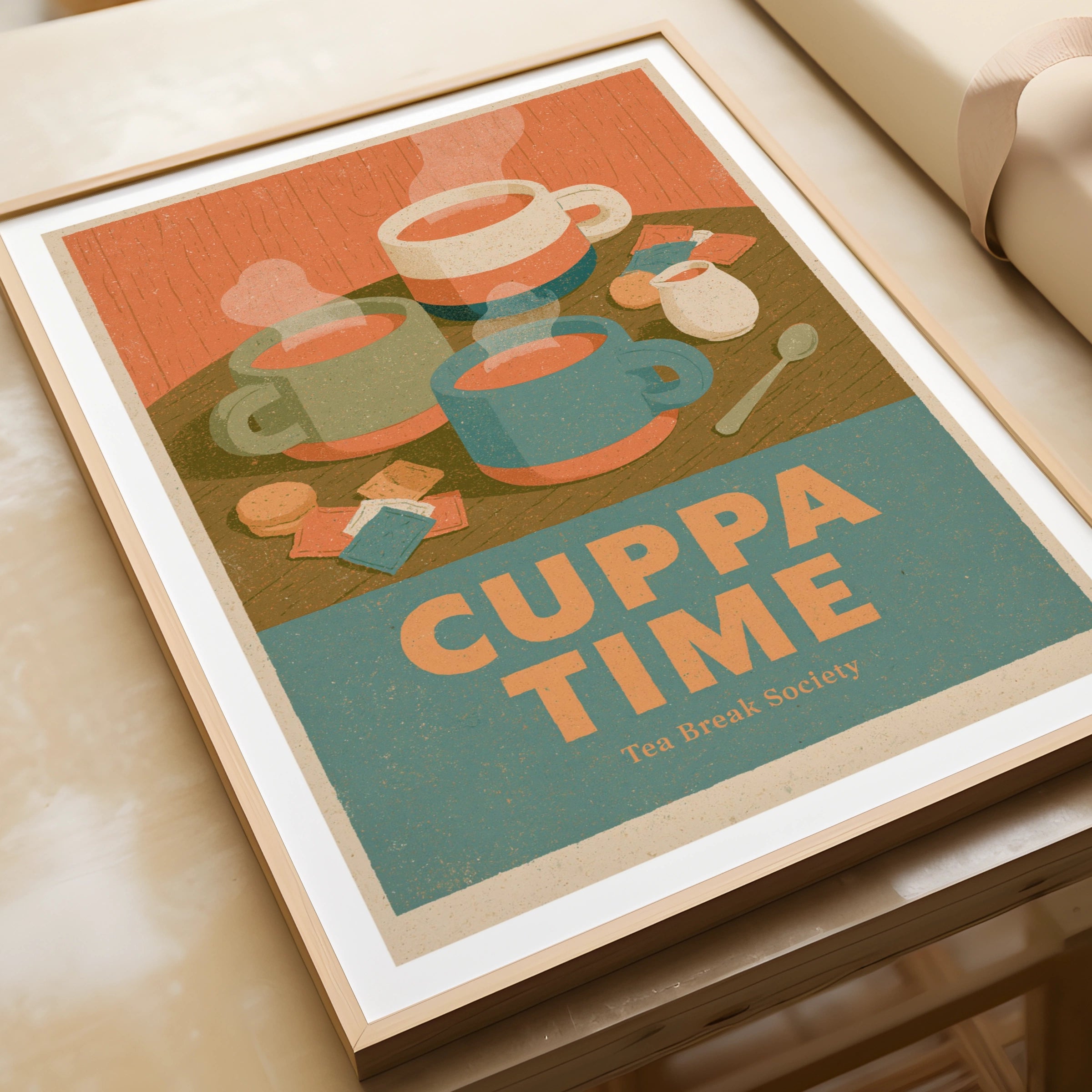 Cuppa Time Vintage Food Poster Print | Rustic Kitchen Decor | Retro Mid Century Risograph Tea