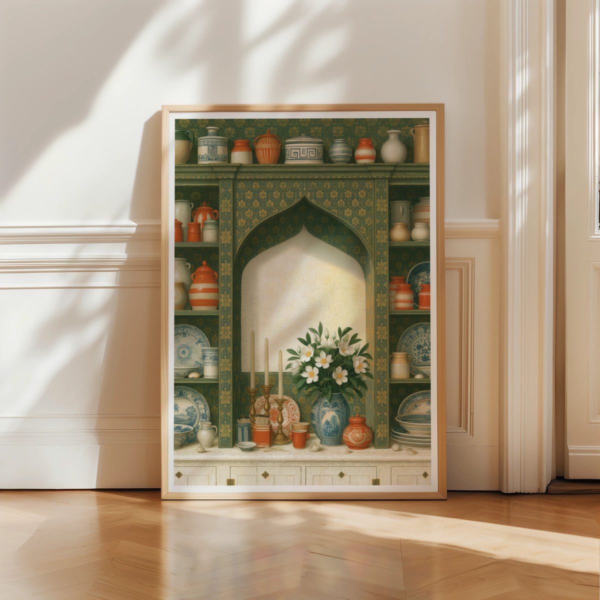 Vintage Pottery Shelf Print, Classic Kitchen Still Life, Floral Vase Wall Art Poster