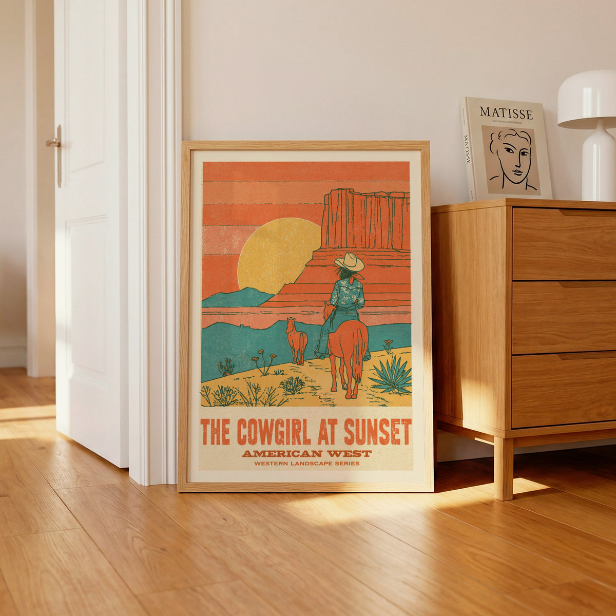 Contemporary Cowgirl at Sunset Print, American West Wall Art, Desert Canyon Retro Western Decor