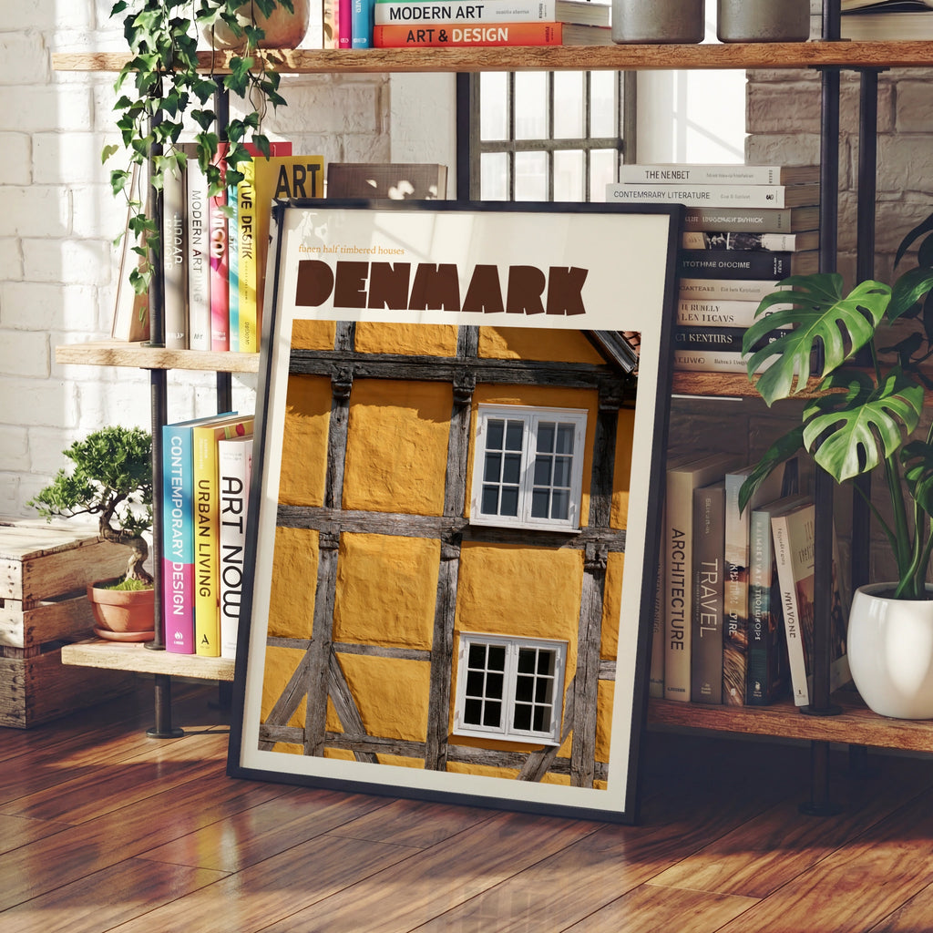 Denmark Contemporary Travel Poster, Funen Half Timbered Houses, Scandinavian Wall Art Print