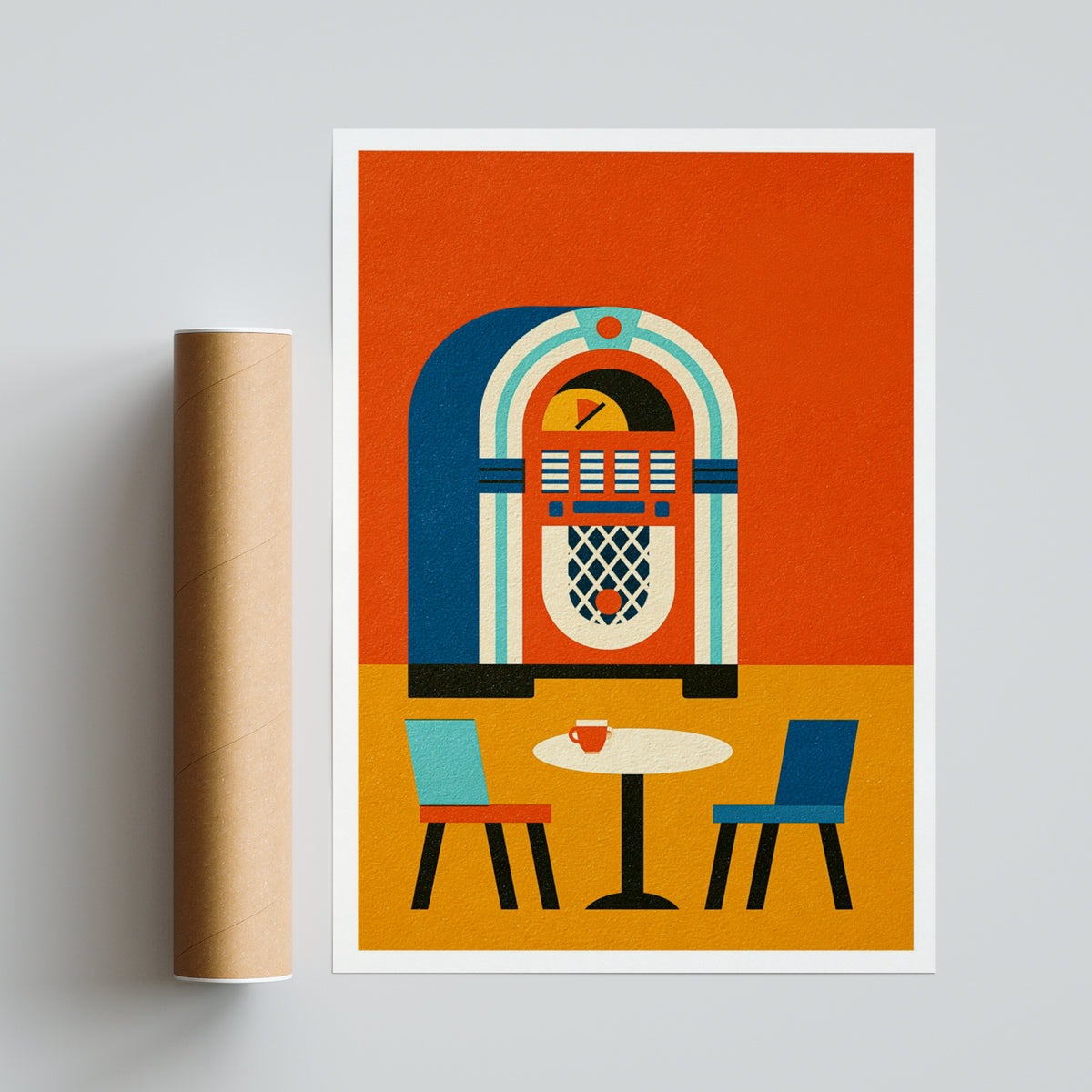 Retro Jukebox Poster, Vintage Diner Wall Art Print, 1950s Music Orange Blue Decor