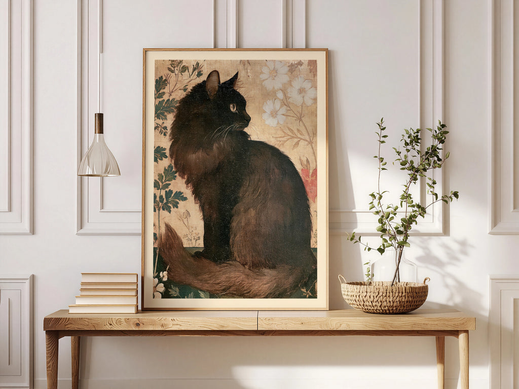 Black Cat Vintage Wall Art, Botanical Floral Cat Poster, Cottagecore Nature Print, Cat Lover Gift