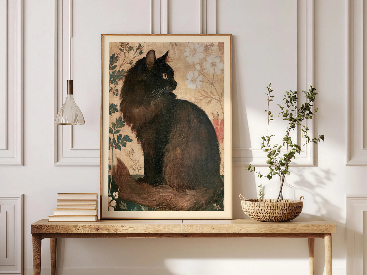 Black Cat Vintage Wall Art, Botanical Floral Cat Poster, Cottagecore Nature Print, Cat Lover Gift