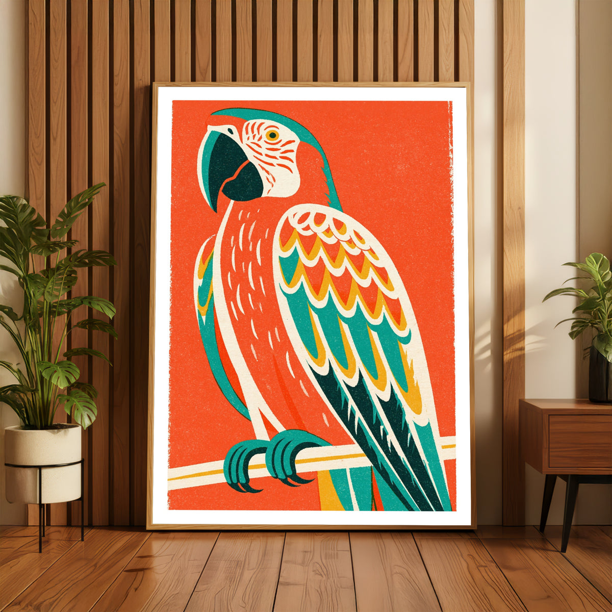 Retro Macaw Parrot Print, Vintage Style Bird Poster, Bold Tropical Wall Art, Mid Century Decor