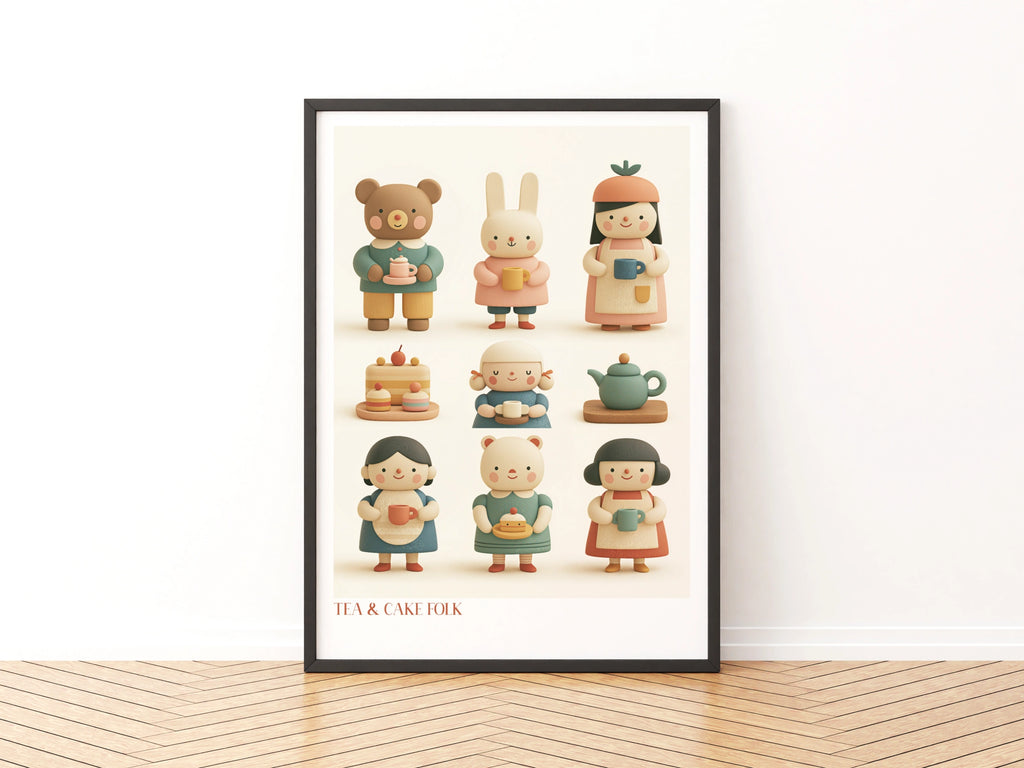 Tea & Cake Folk Retro Children's Print, Cute Bear Bunny Wall Art, Kids Nursery Poster