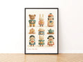 Tea & Cake Folk Retro Children's Print, Cute Bear Bunny Wall Art, Kids Nursery Poster