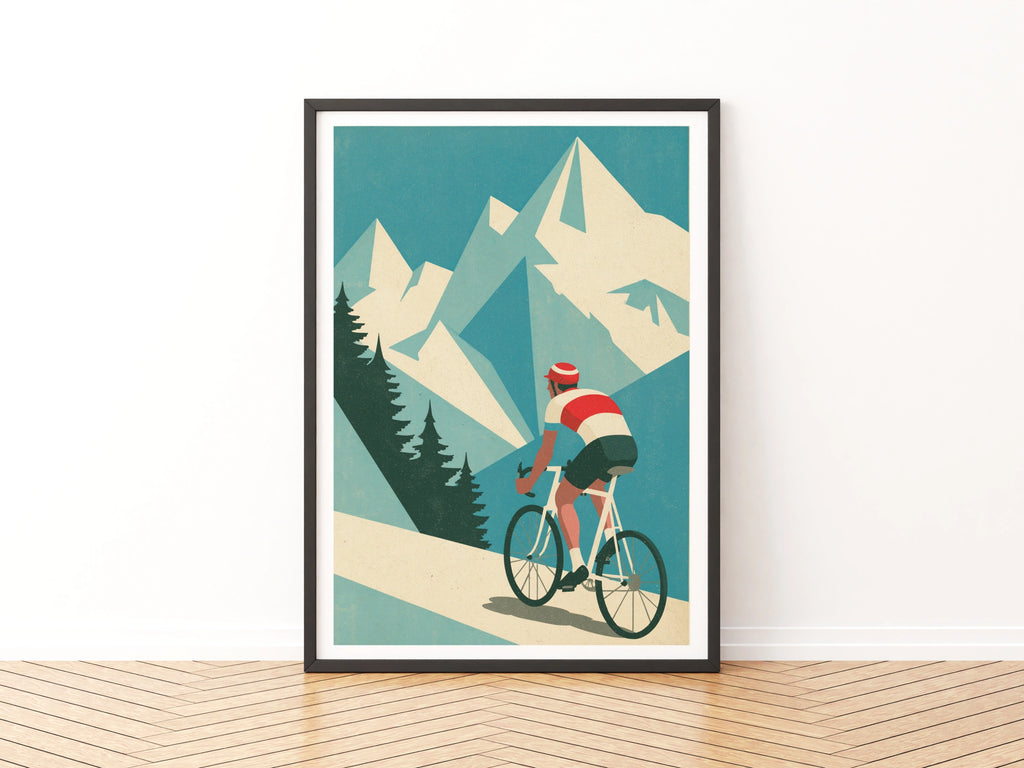 Retro Cycling Poster, Mountain Road Cyclist Print, Vintage Travel Alpine Wall Art, Teal Blue