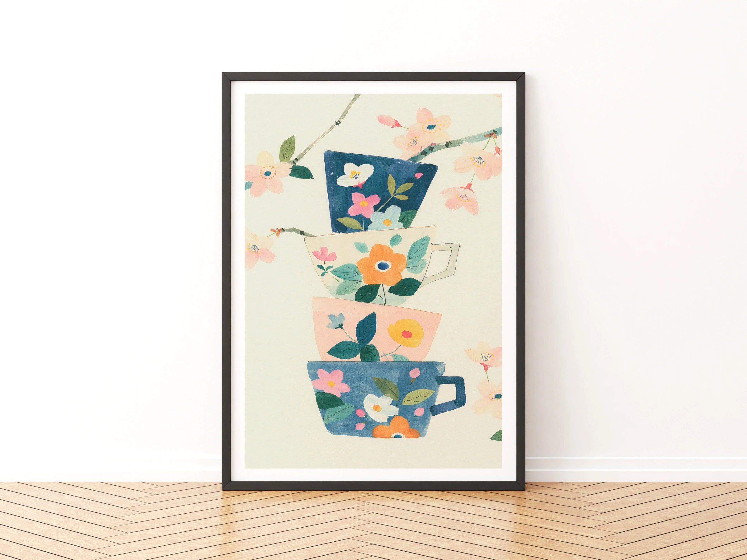 Vintage Food Poster Print, Stacked Floral Teacups, Rustic Kitchen Decor, Retro Mid Century