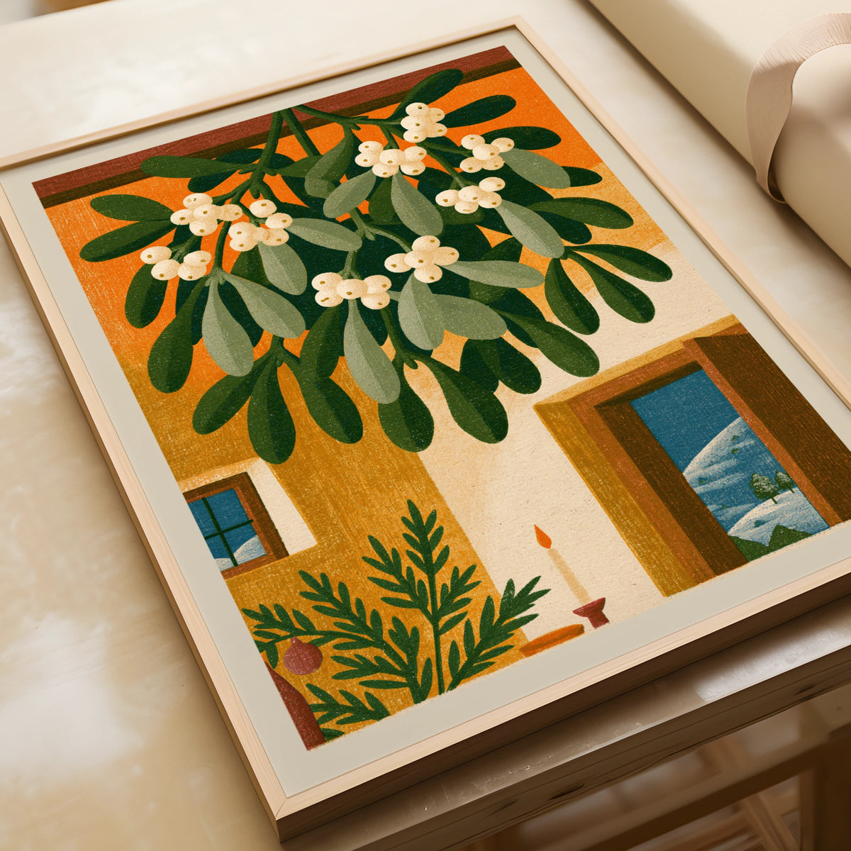 Vintage Mistletoe Poster Print | Rustic Kitchen Decor | Retro Mid Century Risograph Christmas