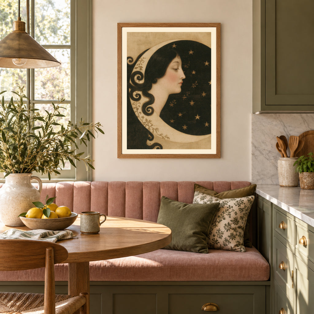 Vintage Art Nouveau Moon Goddess Print, Crescent Moon and Stars, Celestial Woman Portrait Poster
