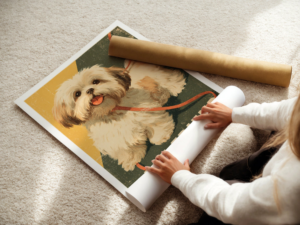 Retro Dog Poster, Best Friend Shih Tzu Wall Art, Vintage Folk Style Pet Print