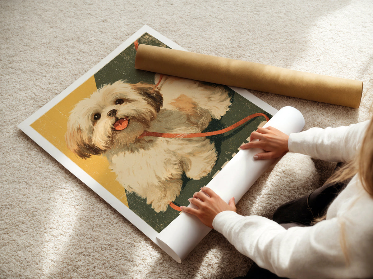 Retro Dog Poster, Best Friend Shih Tzu Wall Art, Vintage Folk Style Pet Print