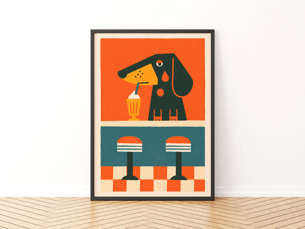 Vintage Dachshund Diner Poster, Retro Dog Milkshake Print, Sausage Dog Wall Art, 50s
