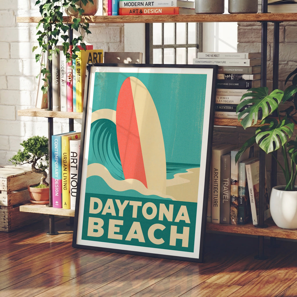 Daytona Beach Retro Surf Poster, Vintage Travel Print, Surfboard Wall Art Florida