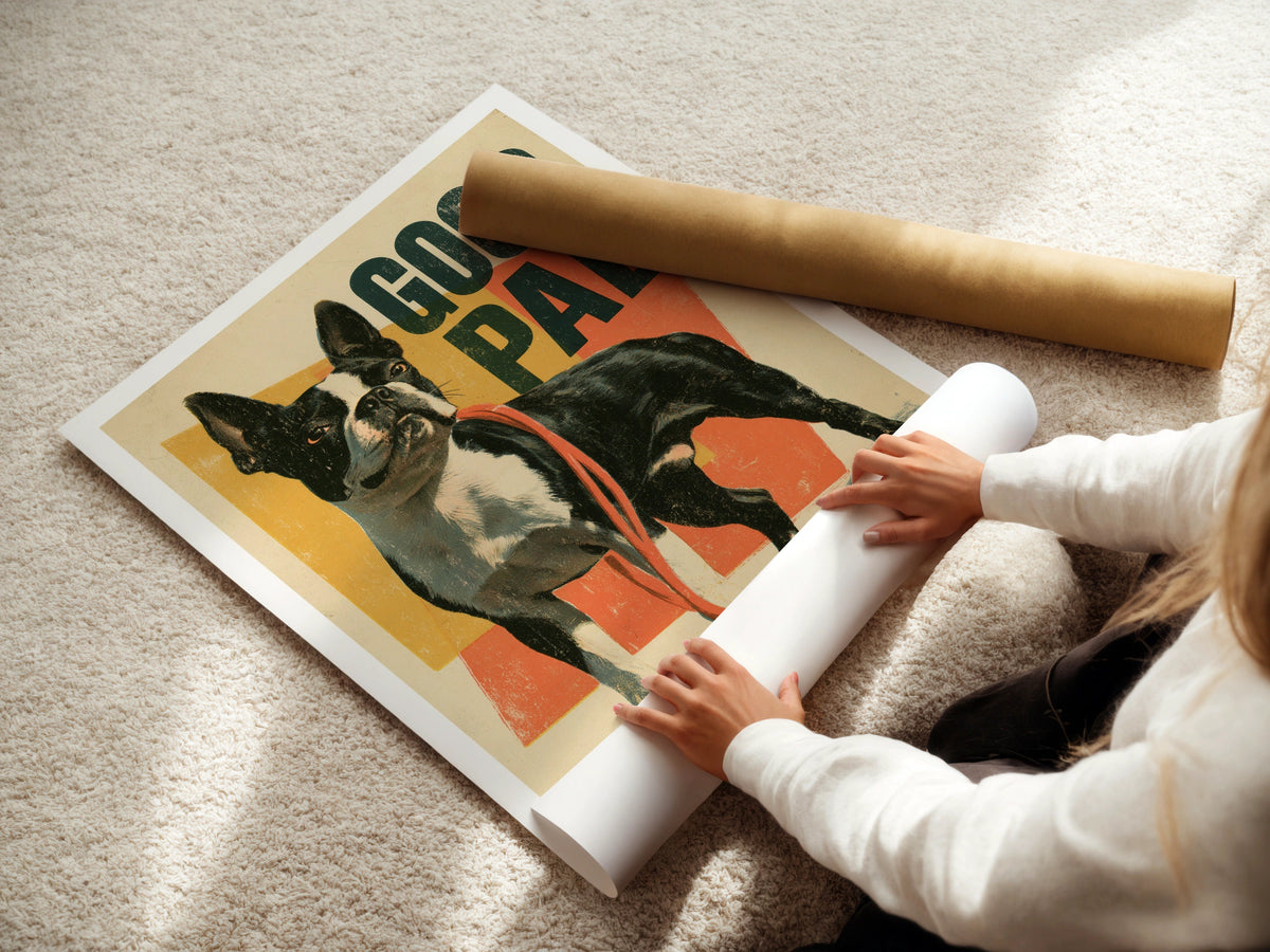 Boston Terrier Retro Dog Print, Good Pal Vintage Poster, Folk Wall Art Gift