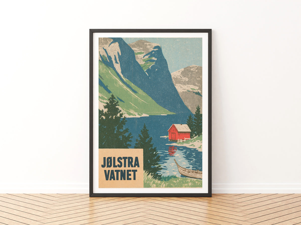 Retro Norway Fjord Poster, Jølstravatnet Lake Print, Vintage Travel Scandinavian Mountain Wall Art