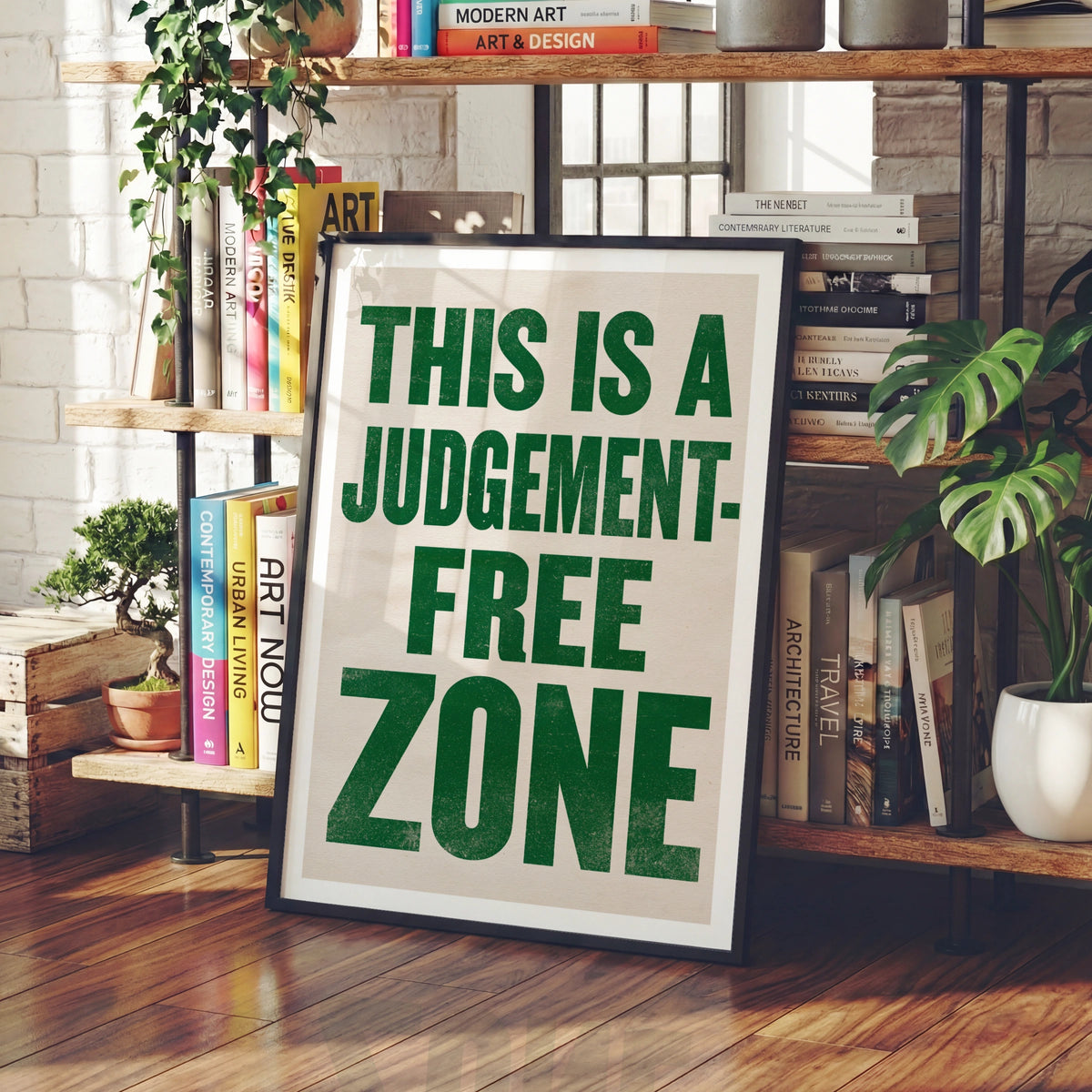Judgement Free Zone Typography Print, Bold Green Quote Poster, Fun Office Wall Art