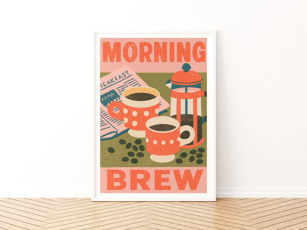 Morning Brew Coffee Vintage Food Poster Print | Rustic Kitchen Decor | Retro Mid Century Risograph