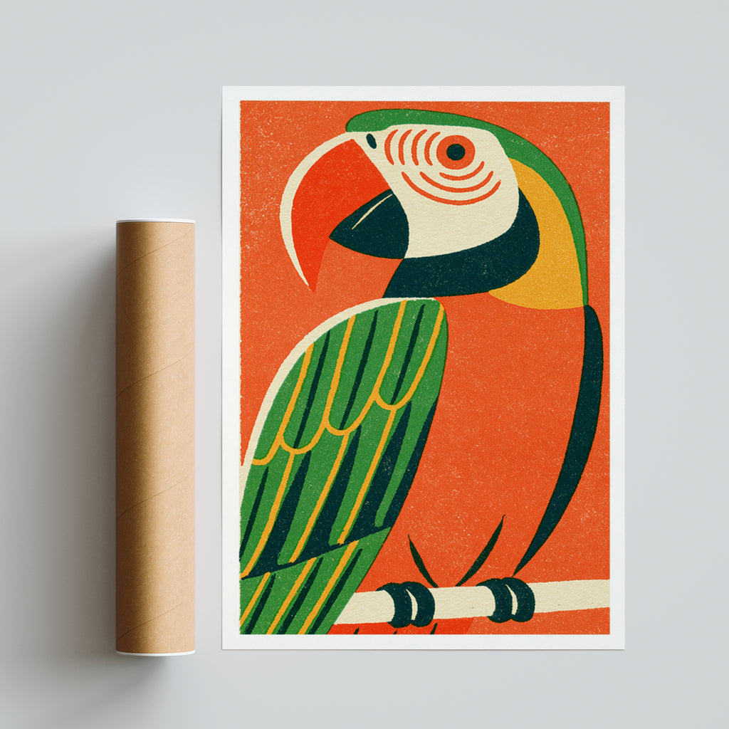 Retro Parrot Print, Vintage Macaw Wall Art, Tropical Bird Poster, Orange Green Matchbox Style Art