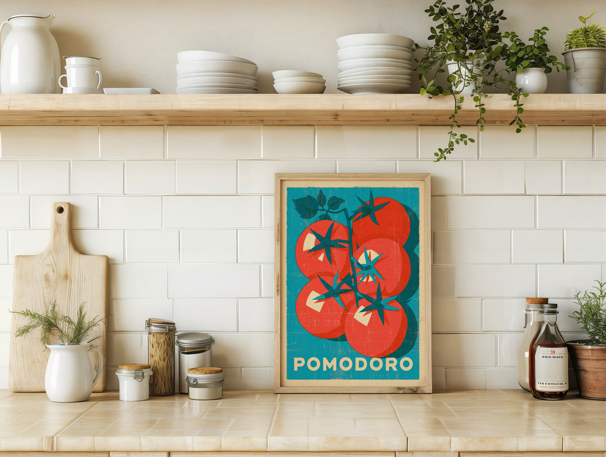 Vintage Food Poster Print | Rustic Kitchen Decor, Pomodoro Tomato Art, Italian Retro Wall Art