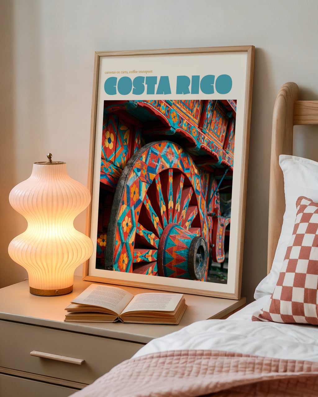 Costa Rica Travel Poster, Retro Ox Cart Print, Colourful Carreta Wall Art Decor