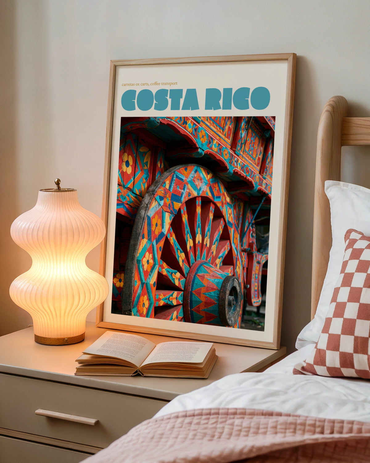 Costa Rica Travel Poster, Retro Ox Cart Print, Colourful Carreta Wall Art Decor