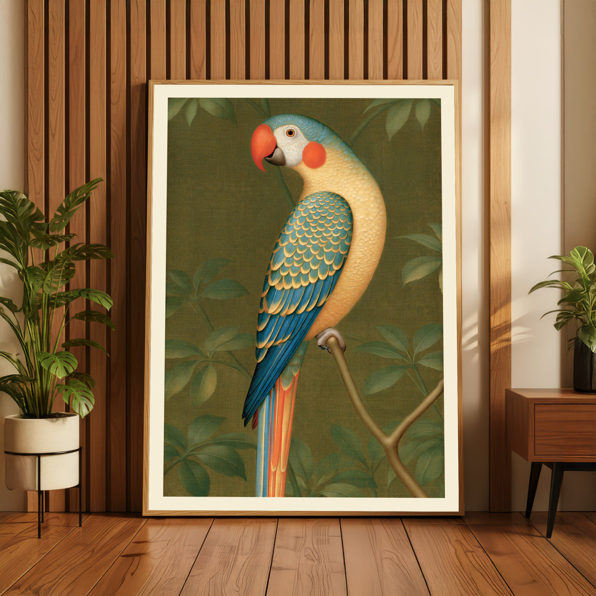 Vintage Parrot Poster, Classic Inspired Prints, Tropical Bird Wall Art, Olive Green Botanical Decor