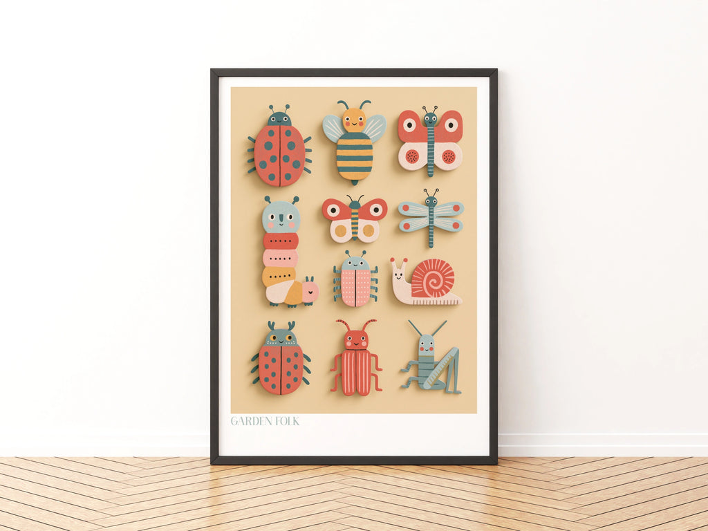 Garden Folk Bug Print, Retro Children's Insect Poster, Kids Wall Art Collectable